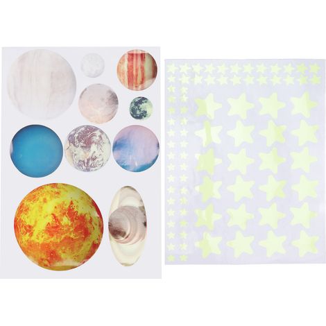 Lot de 10 stickers muraux planètes lumineuses dans le noir, décoration éducative pour enfants, motifs astres phosphorescents. (1/5)