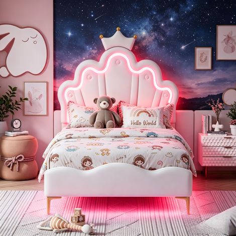 JOOKGBD-Letto per Bambino 90x190 cm,Letto Imbottito,Letto a Forma di Corona,Letto di Principessa,Illuminazione LED in Testiera e Sotto il Letto,Rete a Doghe,PU,Bianco