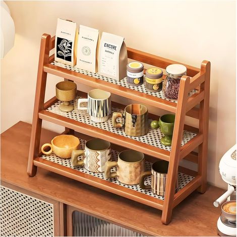 Organisateur de cuisine à 3 niveaux en bambou imitation rotin - Décoration de cuisine - Étagère à épices debout - Rangement et organisation des dosettes de café, thé, porte-tasses (marron 40 (1/5)
