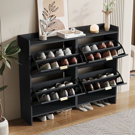 Scarpiera 110x90x24 cm, con 4 Ante a Ribalta, Ampio Spazio, Indipendente e Moderna, Pannello truciolare, Nero, per Ingressi