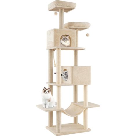 COSTWAY Arbre à Chat XXL 205 cm, 5 Plateformes, Corde et 4 Poteaux à Griffer en Sisal, 2 Condos, Hamac, Arbre a Chat Maine Coon, 2 Pompons Suspendu, pour 4-6 Chats, 91,5 x 59 x 205 cm (205 cm,Beige) (1/5)