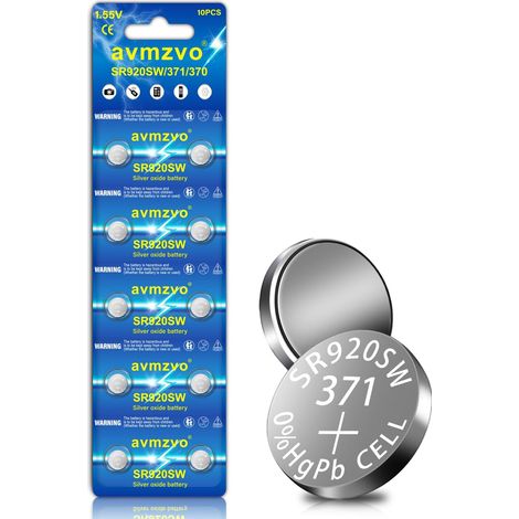 Lot de 10 piles bouton SR920SW 371 V371 AG6 LR920, piles pour montre, 1,5V alcaline, emballage sécurisé pour les enfants (1/5)