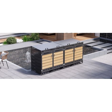 Lot de 4 coffres de rangement pour poubelles, couvercle hydraulique, bardage aspect bois horizontal, ventilation fendue, armoire de jardin en fer avec serrure (1/5)
