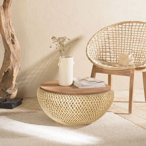 Macabane – Table basse ronde 68cm en teck recyclé et rotin beige – Plateau amovible – Piètement ajouré pour style naturel (1/4)