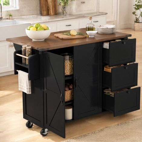 MEUBLIV îlot de cuisine sur roulettes noir avec plateau rabattable, 2 portes et 3 tiroirs (1/5)