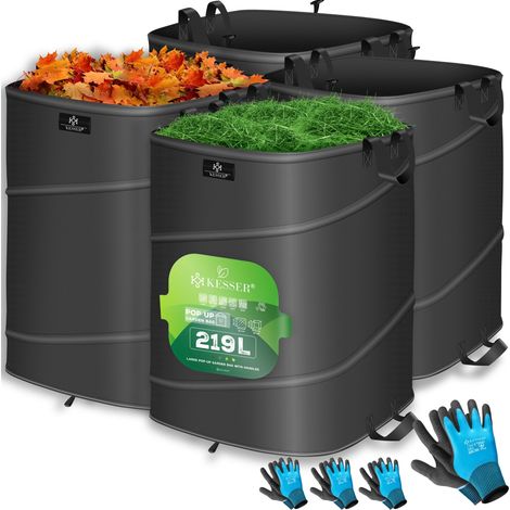 KESSER® Pop-Up-Gartensack Laubsack Gartenabfallsack inkl. Handschuhe Selbststehend mit Griffen Stabil Robust & Faltbar Anthrazit / Schwarz, 4x 219 Liter