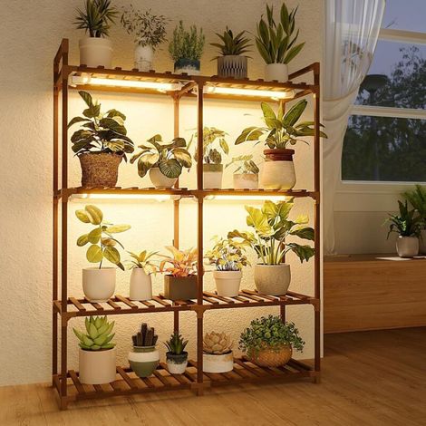 Support Plantes Interieur avec Lampe LED, Porte Plante Interieur 8 Niveaux en Bois, Support Plante Moderne pour Salon et Balcon, Étagère de Culture avec Éclairage (1/5)