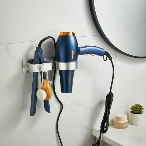 Soporte de pared 2 en 1 para secador y rizador de pelo – Universal, metal negro mate, para baño y dormitorio. (1/4)