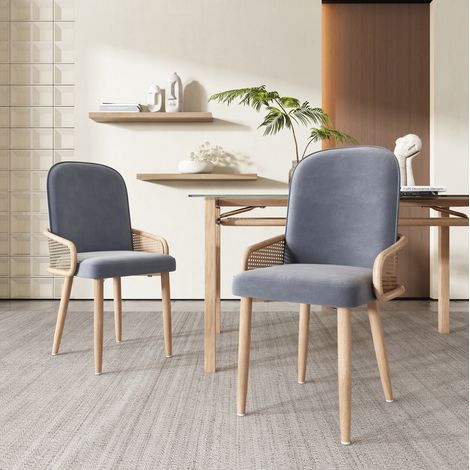 Esszimmerstuhl aus grauem Samt mit Rattan-Design und Metallbeinen, 2er-Set,45×43×90cm (1/5)