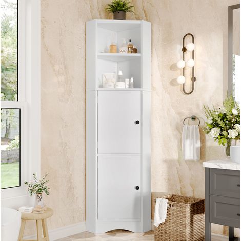 Mobile bagno angolare 51.7x32x155.4 cm, con due ante, tre vani aperti, ripiani regolabili, MDF bianco (1/5)