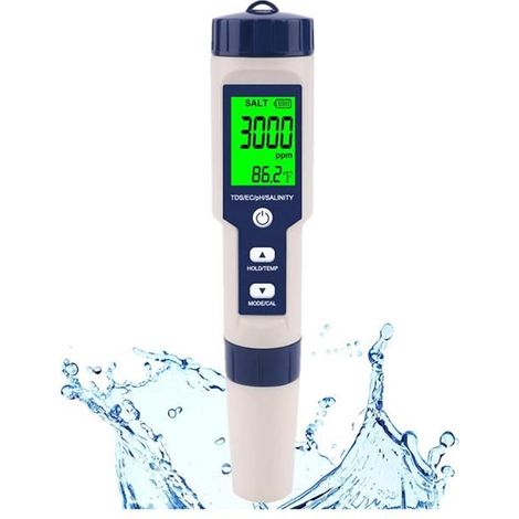 Testeur de sel de piscine, compteur de salinité numérique, testeur de salinité 5 en 1 de haute précision pour l'eau salée, IP67 (1/5)