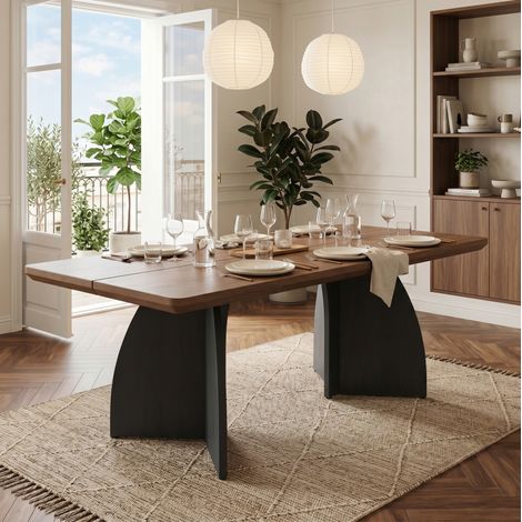 Tavolo da pranzo 160x80 cm per 4-6 persone, piano spesso 4 cm, design moderno, in MDF color noce e gambe nere (1/5)