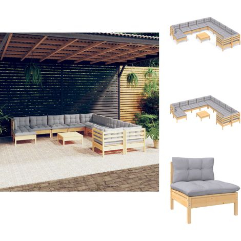 Gartenmöbel-Sets - Living 12-tlg. Garten-Lounge-Set mit Grauen Kissen Kiefernholz (1/5)