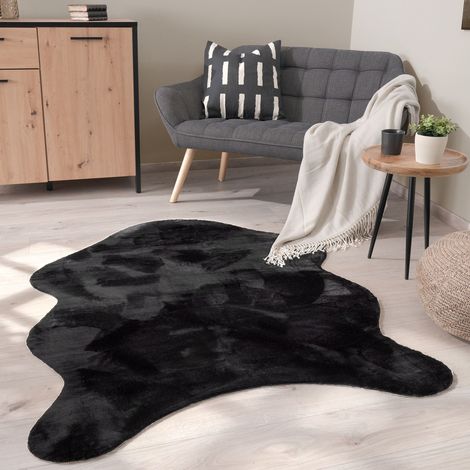 Paco Home Alfombra Salón Pelo Corto Monocolor Moderna Forma Imitación Piel Sintética Suave Negro, 120x160 cm Fur shape (en)