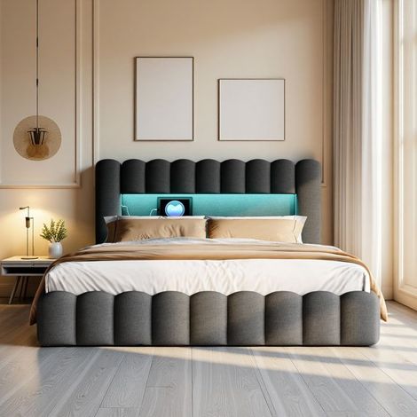 Doppelbett aus grauer Leinen - TANANT - 140x200 cm - Bett mit Stauraum - Integriertes LED - Wellenförmige Kopfstütze