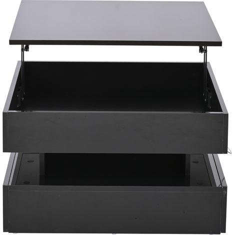 Table basse carrée relevable 65x65x38,5 cm en panneau de particules noir avec LED et rangement caché (1/5)