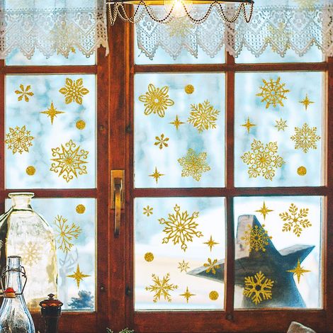 Décorations de fenêtre antichoc pour oiseaux - 3 adhésifs statiques dorés motif flocon de neige, autocollants décoratifs pour vitres, prévention collision aviaire (1/5)