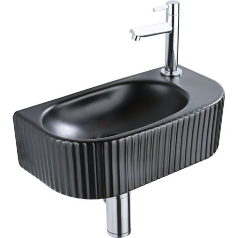 QeramiQ Fuente Ensemble de lavabo - 40x21.5x12cm - droite - nervuré - demi-rond - 1 trou de robinet - céramique - robinet de lavabo chrome - bouchon
