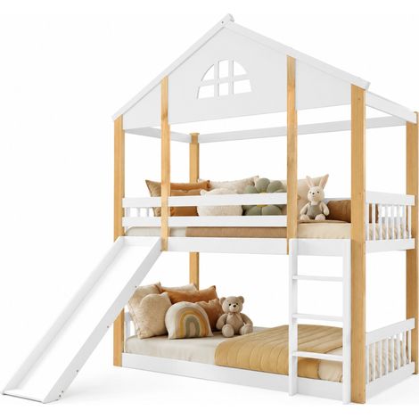 Lit superposé cabane enfant avec fenêtres, toboggan et échelle d'angle à 3 marches réversible, blanc et bois clair, 90 x 200 cm  CHICFURN (1/5)