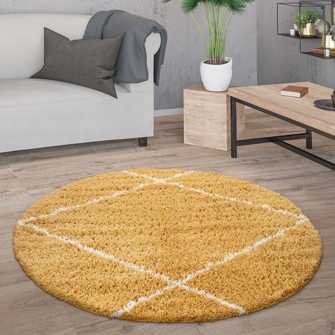 Paco Home Hochflor Teppich Rund Wohnzimmer Moderner Shaggy Langflor Skandi Rauten Gelb, 160 cm Rund