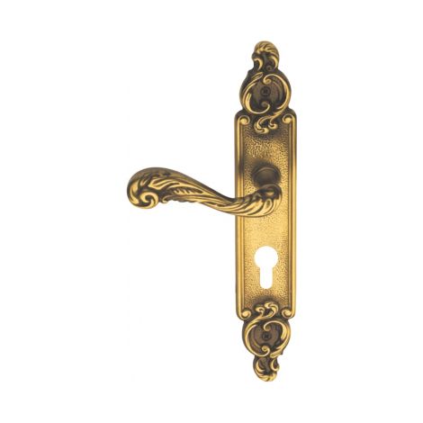 Ouvre&Déco – 1 poignée de porte gauche SULLY à cylindre – Laiton patiné – Entraxe 195 mm – Demi-garniture sur plaque – Endurance 200 000 cycles