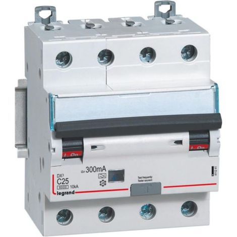 Disjoncteur différentiel monobloc DX³6000 10kA arrivée haute et départ bas à vis 4P 400V - 25A - typeA 300mA - LEGRAND