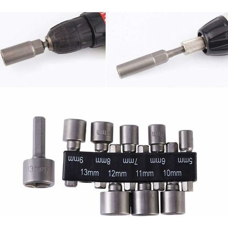 Porte-embout de visseuse Lot de 9 forets à douille impériale de 5 à 13 mm avec écrou à percussion pour perceuse à queue hexagonale 1/4"