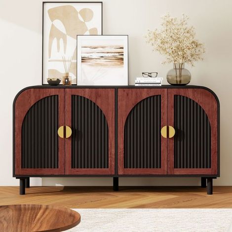 Buffet bas - SOGEU - 150 cm - façades galbées - Noir mat & bois - 4 portes, étagères réglables (1/5)