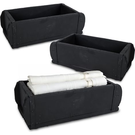 Ziegelform Holz Kiste in schwarz 30 x 15 cm - 3er Set - Vintage Deko Kiste aus Altholz mit Metall Beschlägen - Allzweck Box aus altem recyceltem Holz shabby used look