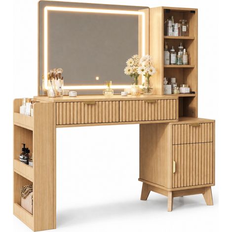 CHICFURN Tocador con espejo LED, 2 enchufes, USB y USB-C, 3 cajones, armario y estantes de vidrio, diseño moderno en madera clara, 133 x 136 x 40 cm (1/5)