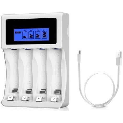 White Battery Charger, AA/AAA Charger with Large LCD Display, 4 Charging Spaces, Universal Rapid Battery Charger, for NI-MH NI-CD Batteries, for AA and AAA Rechargeable Batteries (1/5)
