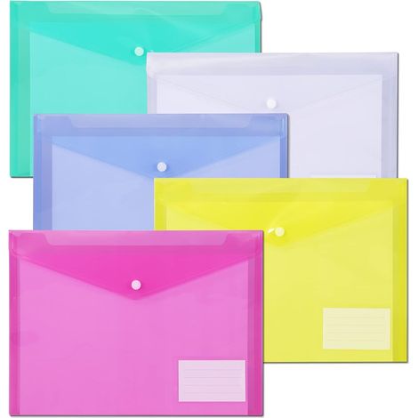 Dossier, dossier d'enveloppe en plastique avec bouton pression, enveloppe en poly format A4 avec poche pour étiquette, 5 couleurs, paquet de 10 (1/2)