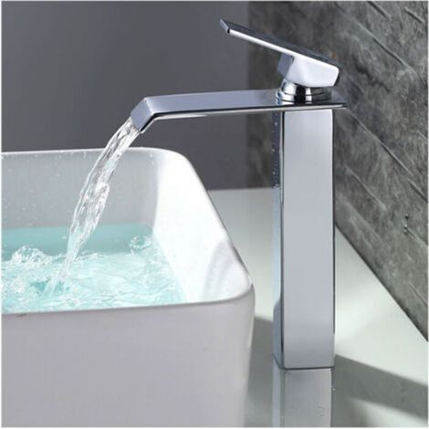 Kaskaden-Waschtischmischer, hoher Auslauf, Chrom, modernes Design (1/4)