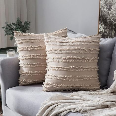 Lot de 2 Housses de Coussins Mélangés Decoration Taie d'oreiller effrangée Protecteurs de Coussin Lin Decor Classic pour Canapé Maison Chambre Salon 45  45 CM Beige
