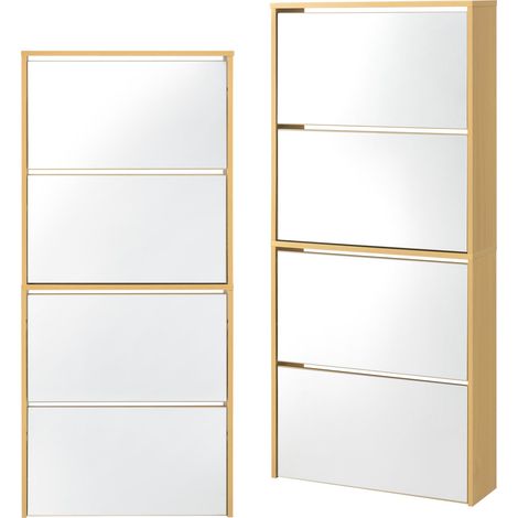 Zapatero de diseño mueble de almacenamiento con 4 compartimentos para 12 pares frente de espejo tablero de partículas de melamina 134 x 63 x 17 cm haya 030005168