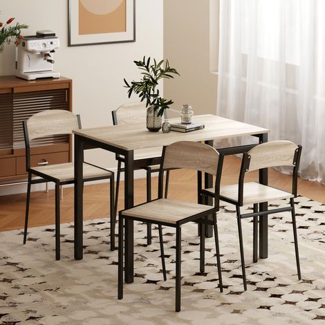 Ensemble table à manger 5 pièces avec 4 chaises lateau MDF coloris bois de chêne châssis métal noir (1/5)