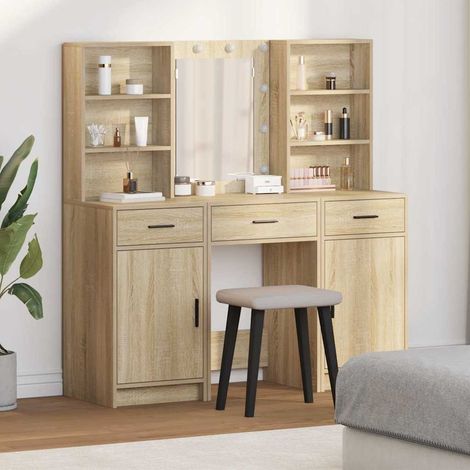 Schminktischset mit LED 3 pcs Sonoma-Eiche Holzwerkstoff