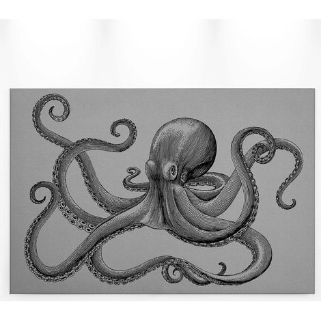 Tableau pieuvre sur fond gris | Tableau bureau moderne gris & noir | Tableau sur toile original idéal pour salle de bain - 0,9 x 0,6 m (1/5)
