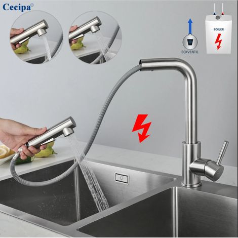 Cecipa Niederdruck-Ausziehbar Küche Wasserhahn Mischbatterie, Küchenarmatur mit Brause Zwei Wasserstrahlarten Gebürsteter Edelstahl Küchenarmaturen (1/5)