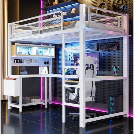 Cama alta gaming (204.5x94.5x180.3 cm), con escritorio, almacenaje, iluminación LED, MDF y metal, blanca (1/5)