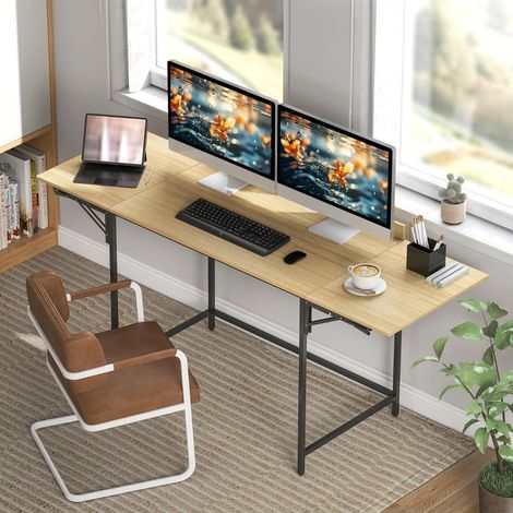 Bureau pliant 160x80 cm, 2 plateaux extensibles, structure métal, finition chênenoir, polyvalent (1/5)
