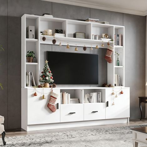 Meuble TV mural 180x35x170 cm en panneaux de bois blanc, avec rangement, salon FLORAGRACE (1/5)