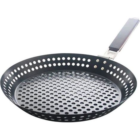 Poêle à barbecue antiadhésive, pliable, avec manche en bois et trous, 30 cm (12 pouces), accessoires de cuisson pour barbecue (1/3)