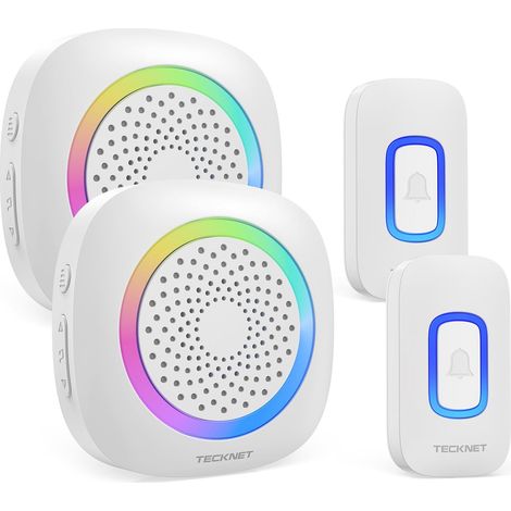 Sonnette sans Fil Exterieur Etanche, 400M RVB Sonnette sans Fil avec 2 Récepteur, 2 Émetteur, Étanche IP66 Pile Carillon sans Fil avec 60 Mélodies et 5 Niveaux, pour Maison, Hôtel, Blanc (1/5)