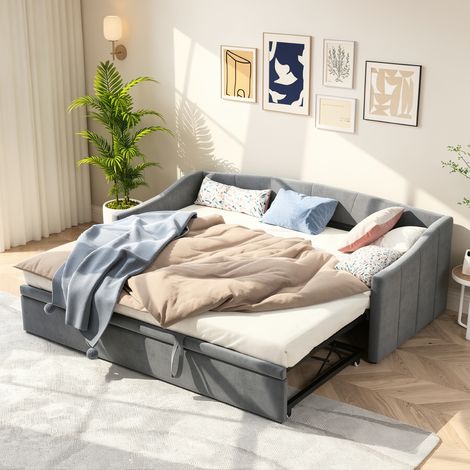 Canapé-lit gigogne 90/180x200 cm, Canapé convertible, Lit multifonctionnel extensible avec sommier à lattes en bois, Tissu velours, Gris