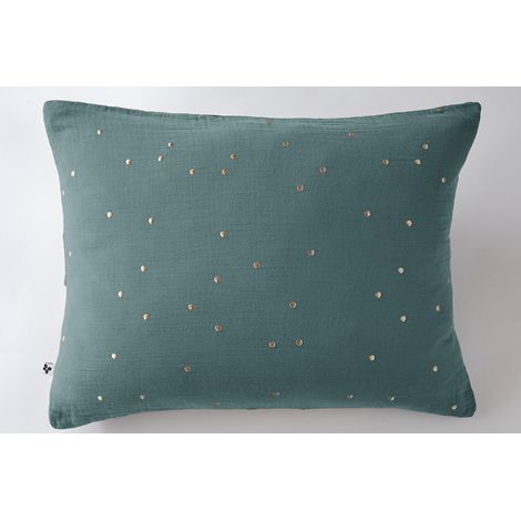 Taie d'oreiller gaze de coton brodée fil or 50 x 70 cm Gaia Chic Bleu canard (1/3)