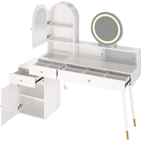 Schminktisch mit LED-Spiegel, USB, Type-C und 2 Steckdosen, L-Design, weiß (1/5)