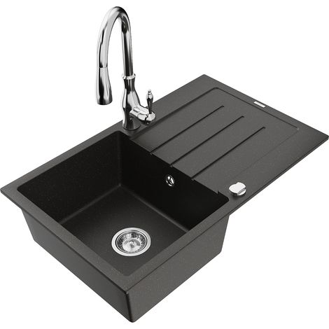 Mexen Bruno 1 Becken-Granitspüle mit Abtropffläche und Mischbatterie Savita, Schwarz/Gold metallisch (1/5)