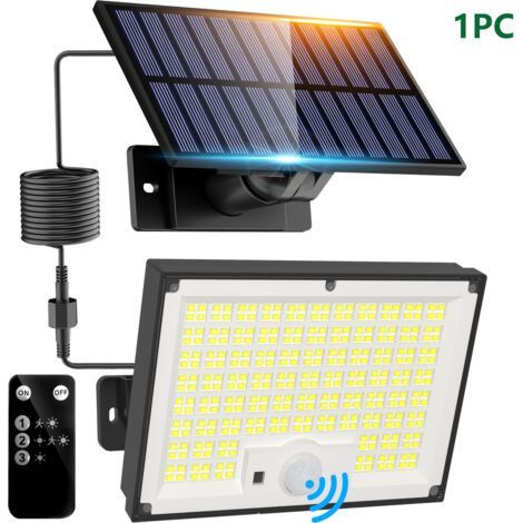 Lampe Solaire Exterieur Detecteur de Mouvement avec Télécommande, 342 LED Lumiere Solaire IP65 Étanche Spot Solaire, 3 Modes Eclairaget Solaire pour Jardin Garage Cour, Blanc Chaud [Classe énergétique (1/4)
