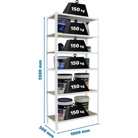 SimonRack Scaffale Portaoggetti, 2500x1000x300 mm, 6 Ripiani in Legno, Portata 150 kg per Ripiano, Scaffale da Garage, Bianco/Legno – Maderclick